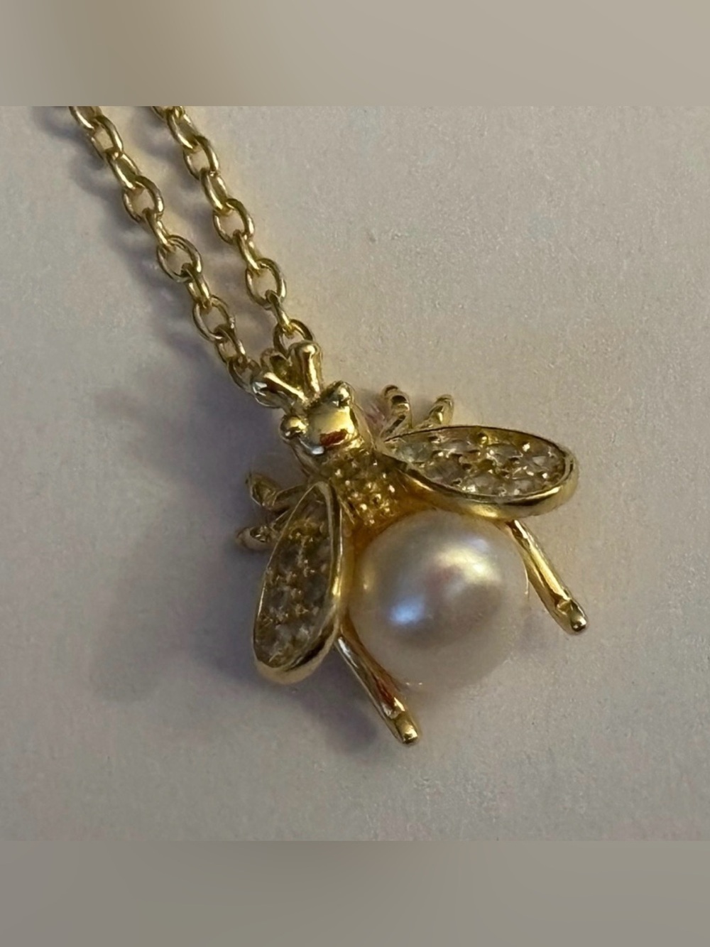 Dainty, Miniature Gold Bee Pendant Necklace, Rhinestone & Pearl, 15.5"-18" - Picture 2 of 3